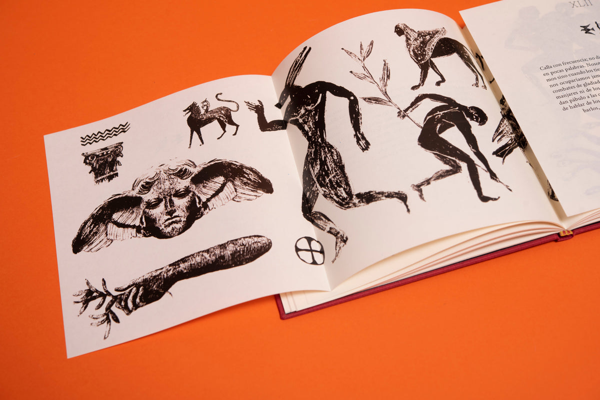 Doble página ilustrada en tinta negra: figuras que corren, un rostro alado, un león y una rama